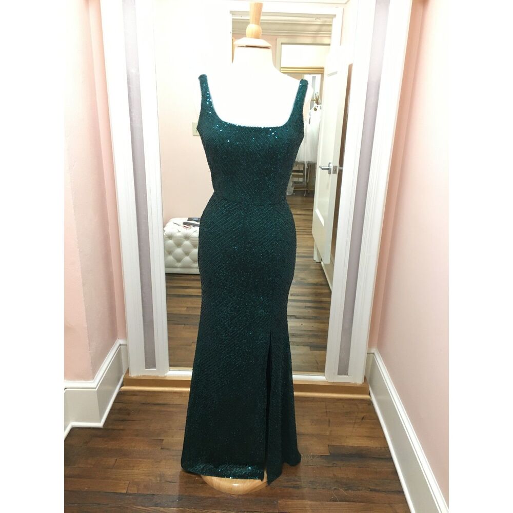 Hunter Green StretchSequin Evening Dress Sleeveless Square Neck Low Back Slit B2 - Picture 7 of 11
